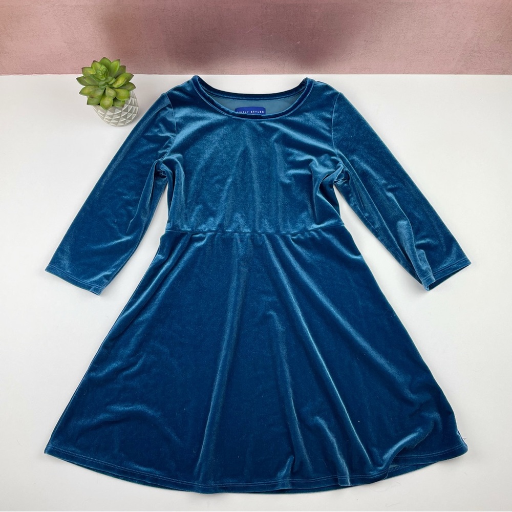 Simply Styled By Sears Solid Blue Velvet Long Sleeve Dress Girl Size Large 14